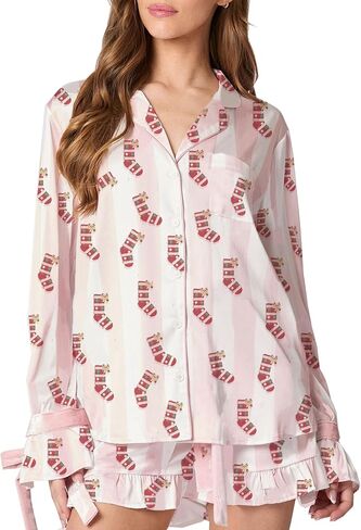 Owl's-Yard Women's Pajamas Sets Silk Button Down Shirts and Ruffled Shorts Set 2 Piece Sleepwear in Saudi Arabia