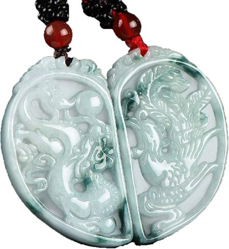 A Pair China Natural Green Jade A Jadeite Dragon Phoenix Amulet Pendant (Heart White & Green) in Saudi Arabia