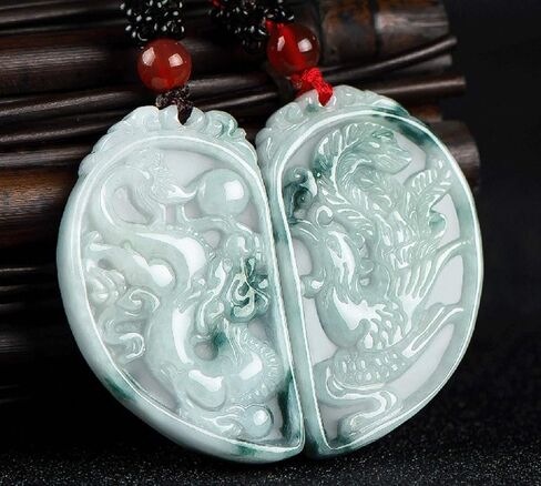 A Pair China Natural Green Jade A Jadeite Dragon Phoenix Amulet Pendant (Heart White & Green) in Saudi Arabia