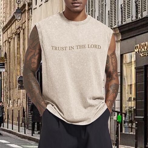 Mens Christian Tank Tops Trust in The Lord God Jesus Religious Faith Bible Verse Shirts Graphic Acid Wash Gym Tees in Saudi Arabia