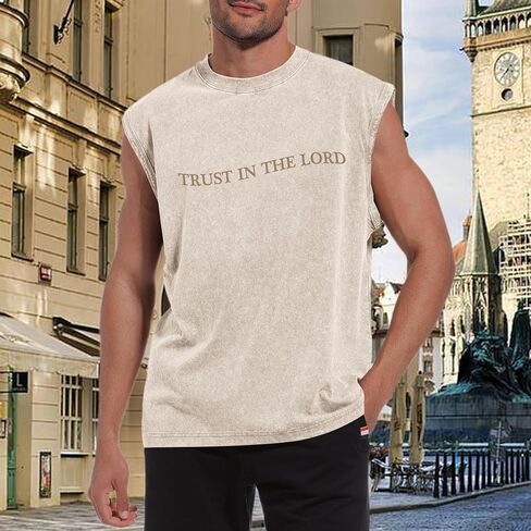 Mens Christian Tank Tops Trust in The Lord God Jesus Religious Faith Bible Verse Shirts Graphic Acid Wash Gym Tees in Saudi Arabia