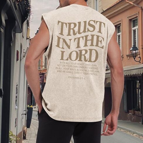 Mens Christian Tank Tops Trust in The Lord God Jesus Religious Faith Bible Verse Shirts Graphic Acid Wash Gym Tees in Saudi Arabia