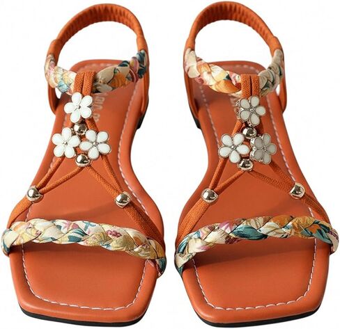 SweatyRocks Women's Floral Print Beaded Woven Sandals Open Toe Vacation Beach Flat Shoes with Ankle Strap in Saudi Arabia