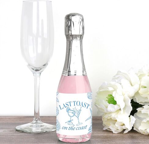 ملصقات ملصقات ملصقات لزجاجة النبيذ والشمبانيا الصغيرة من Big Dot of Happiness Last Toast on The Coast، هدية لحفلات توديع العزوبية على الشاطئ لحفلات الزفاف الساحلية - مجموعة من 16 قطعة in Kuwait