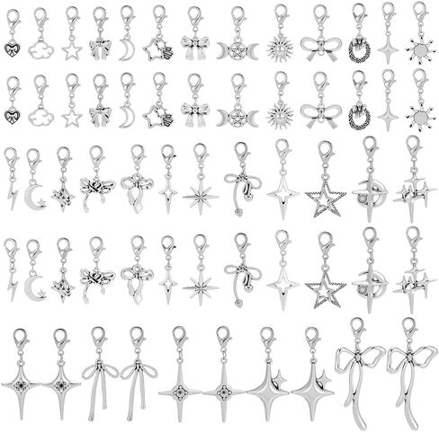WEBEEDY 60 PCS 30 Styles Clip on Charm Pendants Alloy Shoes Decoration Silver Badge Reel Charm Bows Stars Moon Sun Charms with Lobster Clasp for Jewelry Making Backpack Keys Christmas Party Decoration in Saudi Arabia