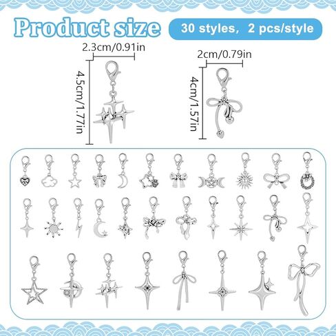 WEBEEDY 60 PCS 30 Styles Clip on Charm Pendants Alloy Shoes Decoration Silver Badge Reel Charm Bows Stars Moon Sun Charms with Lobster Clasp for Jewelry Making Backpack Keys Christmas Party Decoration in Saudi Arabia
