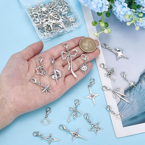 WEBEEDY 60 PCS 30 Styles Clip on Charm Pendants Alloy Shoes Decoration Silver Badge Reel Charm Bows Stars Moon Sun Charms with Lobster Clasp for Jewelry Making Backpack Keys Christmas Party Decoration in Saudi Arabia