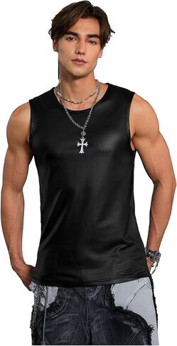 OYOANGLE Men's PU Leather Tank Top Sleeveless Crew Neck Muscle Tops Streetwear in Saudi Arabia