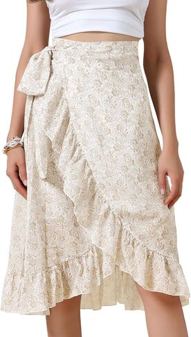 Allegra K Floral Boho Skirt for Women's Beach Asymmetrical Hem Ruffle Wrap Flowy Midi Skirts in Saudi Arabia