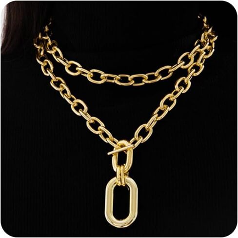 Chunky Chain Necklace for Women Charm Layered Thick Punk Pendant Necklace Multi-layer 80s Hip Hop Paperclip Chain Necklaces Statement 90s Jewelry in Kuwait