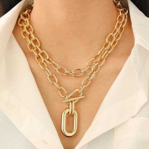 Chunky Chain Necklace for Women Charm Layered Thick Punk Pendant Necklace Multi-layer 80s Hip Hop Paperclip Chain Necklaces Statement 90s Jewelry in Kuwait