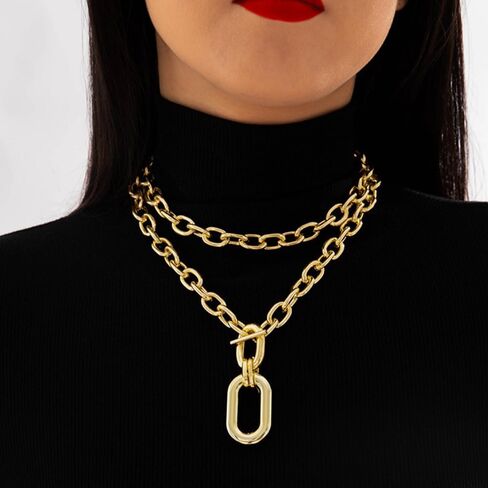 Chunky Chain Necklace for Women Charm Layered Thick Punk Pendant Necklace Multi-layer 80s Hip Hop Paperclip Chain Necklaces Statement 90s Jewelry in Kuwait