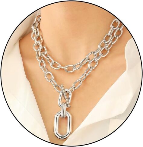 Chunky Chain Necklace for Women Charm Layered Thick Punk Pendant Necklace Multi-layer 80s Hip Hop Paperclip Chain Necklaces Statement 90s Jewelry in Kuwait