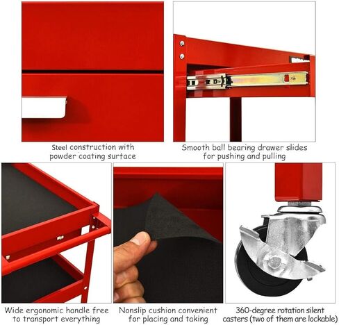 Goplus 3 Tier Rolling Tool Cart, 330 LBS Capacity Heavy Duty Utility Cart Tool Organizer with Storage Drawer, Industrial Commercial Service Tool Cart for Mechanics, Garage, Warehouse & Repair Shop in Saudi Arabia