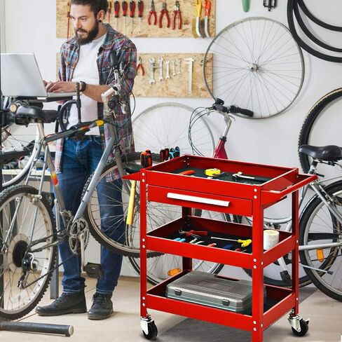 Goplus 3 Tier Rolling Tool Cart, 330 LBS Capacity Heavy Duty Utility Cart Tool Organizer with Storage Drawer, Industrial Commercial Service Tool Cart for Mechanics, Garage, Warehouse & Repair Shop in Saudi Arabia