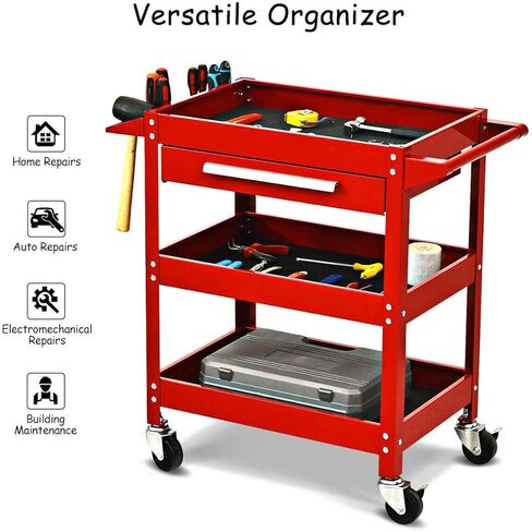 Goplus 3 Tier Rolling Tool Cart, 330 LBS Capacity Heavy Duty Utility Cart Tool Organizer with Storage Drawer, Industrial Commercial Service Tool Cart for Mechanics, Garage, Warehouse & Repair Shop in Saudi Arabia