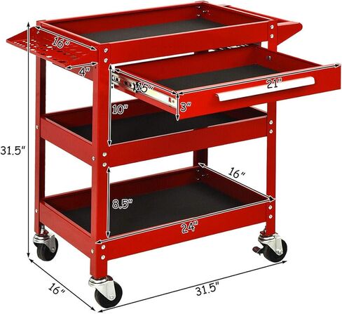 Goplus 3 Tier Rolling Tool Cart, 330 LBS Capacity Heavy Duty Utility Cart Tool Organizer with Storage Drawer, Industrial Commercial Service Tool Cart for Mechanics, Garage, Warehouse & Repair Shop in Saudi Arabia