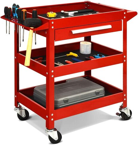 Goplus 3 Tier Rolling Tool Cart, 330 LBS Capacity Heavy Duty Utility Cart Tool Organizer with Storage Drawer, Industrial Commercial Service Tool Cart for Mechanics, Garage, Warehouse & Repair Shop in Saudi Arabia