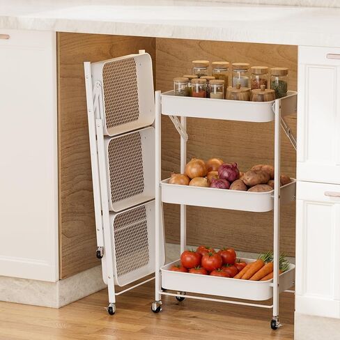 JAQ No Assembly Required Rolling Cart, 3-Tier Foldable Utility Cart for Under Desk, 26.8" Height Metal Storage Cart with Wheels, 10" Narrow Small Space Organizer for Office, Kitchen, White in Saudi Arabia