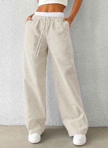 Women's Khaki Striped Pants Wide Leg Elastic High Waisted Boxer Pants Lounge Pajama Casual Trousers with Pockets in Saudi Arabia