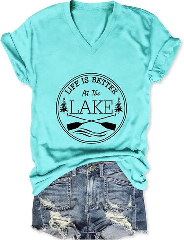 تي شيرت Life is Better at The Lake برقبة على شكل حرف V وأكمام قصيرة للنساء تي شيرت برسومات القوارب والتخييم والعطلات in Kuwait