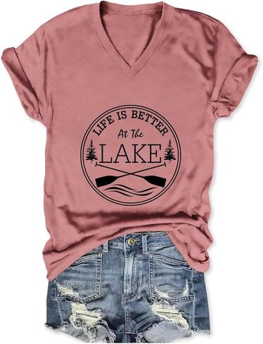 تي شيرت Life is Better at The Lake برقبة على شكل حرف V وأكمام قصيرة للنساء تي شيرت برسومات القوارب والتخييم والعطلات in Kuwait