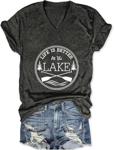 Life is Better at The Lake Shirt V Neck Short Sleeve Tops for Women Boating Graphic Tees Camping Vacation T Shirt in Saudi Arabia