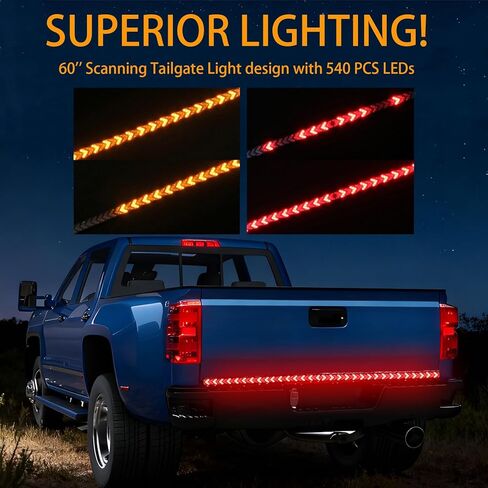 60 Inch LED Tailgate Light Bar with Bright Arrow Pattern Red Brake Running Amber Sequential Turn Signals Double Flash Light Strip Tail IP67 Waterproof for Truck Pickup Trailer SUV RV Van in Kuwait