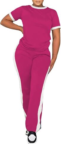 PINSV Women's 2 Piece Outfits Short Sleeve Tops Sweatpants Colorblock Bodycon Lounge Sets Tracksuit in Saudi Arabia