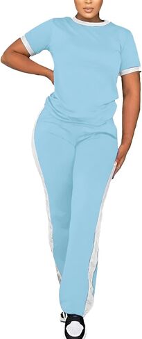 PINSV Women's 2 Piece Outfits Short Sleeve Tops Sweatpants Colorblock Bodycon Lounge Sets Tracksuit in Saudi Arabia