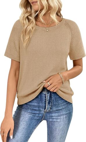 Womens Puff Short Sleeve Sweater Crew Neck Lightweight 2026 Spring Summer Casual Pullover Knit Tops in Saudi Arabia