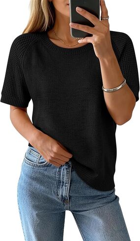 Womens Puff Short Sleeve Sweater Crew Neck Lightweight 2026 Spring Summer Casual Pullover Knit Tops in Saudi Arabia