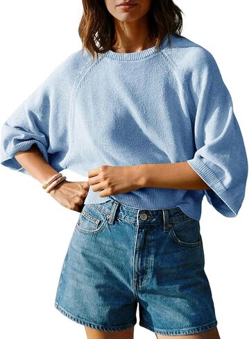 Saodimallsu Womens 3/4 Sleeve Sweater Tops Summer Lightweight Knit Crew Neck Casual Loose Batwing Pullover Top in Saudi Arabia
