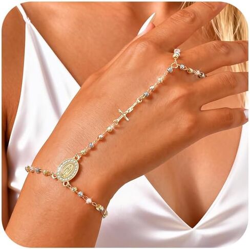 Gold Rosary Hand Chain Bracelet - 14k Gold Plated Virgin Mary Ring Bracelets,Non Tarnish Dainty Golden Rosarios Catolicos Hand Chains Jewelry,Trendy Religious Rosary Beads Hand Bracelet Gift for Women in Saudi Arabia