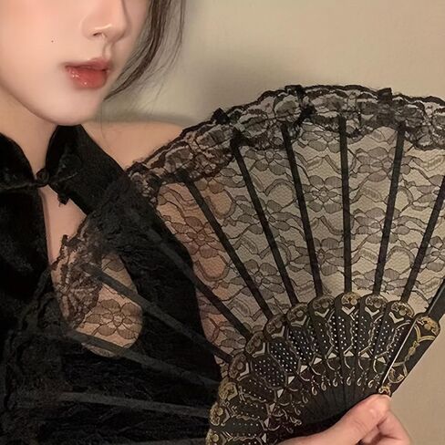 An Elegant Floral Hand Fan from The 1920S, Featuring Lace, a Chinese Folding Design, Perfect for Women, Suitable As a Decorative Gift for Wedding Parties, And As a Prop for Bride'S Dances (black) in Saudi Arabia
