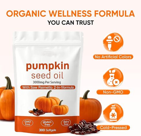 كبسولات زيت بذور اليقطين لينوريا، 2 في 1 زيت بذور اليقطين مع البلميط المنشاري للشعر، 3000 مجم مكمل نقي وطبيعي، يدعم مكمل بشرة قلب الشعر، غير معدل وراثيًا، خالي من الغلوتين، 300 كبسولة هلامية (1) in Kuwait