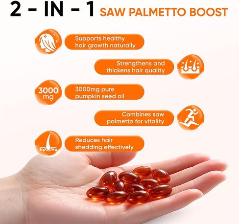 كبسولات زيت بذور اليقطين لينوريا، 2 في 1 زيت بذور اليقطين مع البلميط المنشاري للشعر، 3000 مجم مكمل نقي وطبيعي، يدعم مكمل بشرة قلب الشعر، غير معدل وراثيًا، خالي من الغلوتين، 300 كبسولة هلامية (1) in Kuwait