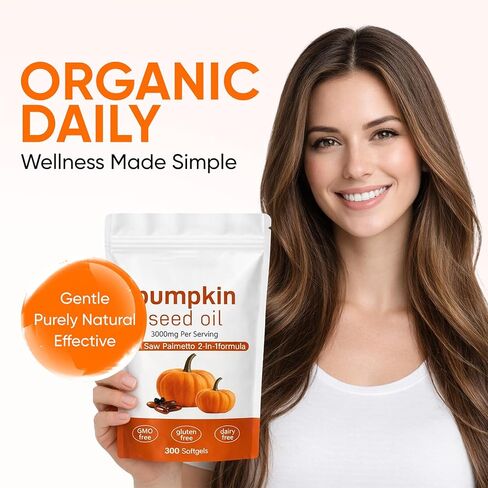 كبسولات زيت بذور اليقطين لينوريا، 2 في 1 زيت بذور اليقطين مع البلميط المنشاري للشعر، 3000 مجم مكمل نقي وطبيعي، يدعم مكمل بشرة قلب الشعر، غير معدل وراثيًا، خالي من الغلوتين، 300 كبسولة هلامية (1) in Kuwait