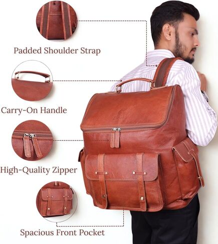 Brown Leather Backpack for Men – 17-inch Genuine Leather Laptop Bag, Vintage Travel Rucksack with Padded Straps, Large Capacity Carry-On for Office, College, Hiking & Airplane Travel in Saudi Arabia