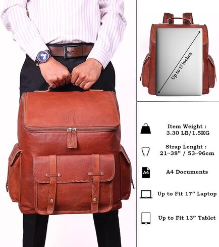 Brown Leather Backpack for Men – 17-inch Genuine Leather Laptop Bag, Vintage Travel Rucksack with Padded Straps, Large Capacity Carry-On for Office, College, Hiking & Airplane Travel in Saudi Arabia