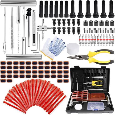 طقم قابس الإطارات ومجموعة إصلاح الإطارات - 95 قطعة من أدوات التوصيل والإطارات بدون أنابيب مع أدوات مقبض معدني على شكل حرف T، وشرائط إصلاح، ومسامير توصيل مطاطية، وأداة أساسية للصمام وحقيبة للسيارة، وسيارات الدفع الرباعي، والدراجات النارية، وATV in Kuwait