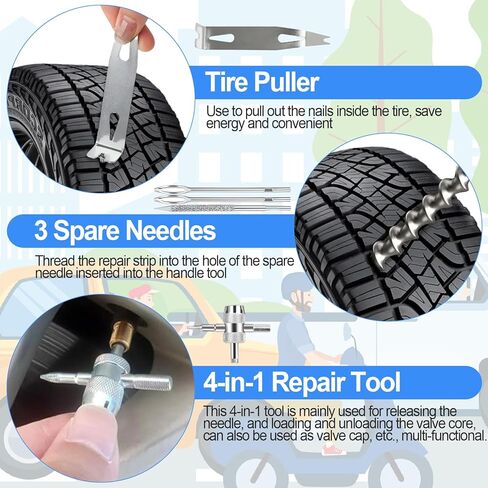 طقم قابس الإطارات ومجموعة إصلاح الإطارات - 95 قطعة من أدوات التوصيل والإطارات بدون أنابيب مع أدوات مقبض معدني على شكل حرف T، وشرائط إصلاح، ومسامير توصيل مطاطية، وأداة أساسية للصمام وحقيبة للسيارة، وسيارات الدفع الرباعي، والدراجات النارية، وATV in Kuwait