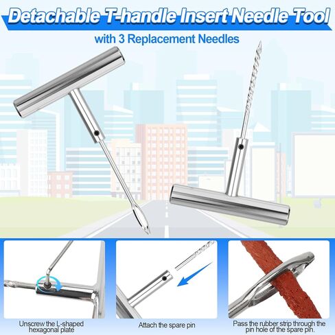 طقم قابس الإطارات ومجموعة إصلاح الإطارات - 95 قطعة من أدوات التوصيل والإطارات بدون أنابيب مع أدوات مقبض معدني على شكل حرف T، وشرائط إصلاح، ومسامير توصيل مطاطية، وأداة أساسية للصمام وحقيبة للسيارة، وسيارات الدفع الرباعي، والدراجات النارية، وATV in Kuwait