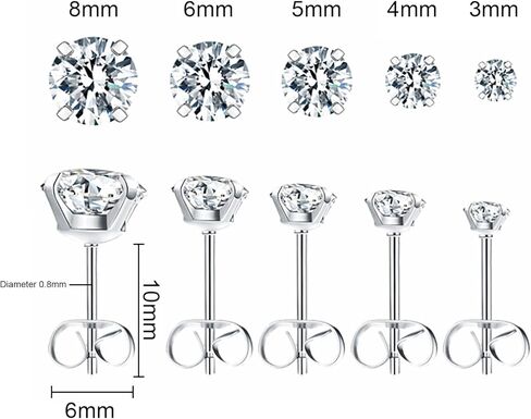 5 Pairs Stud Earrings Set for women, Hypoallergenic Back Stud Earrings Set for Sensitive Ears, 316L Stainless Steel Premium Cubic Zirconia Stud Earrings 3-8mm in Saudi Arabia