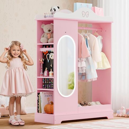 Xilingol Kids Armoire مع خزانة مجوهرات، خزانة ملابس الأميرة مع مرآة، خزانة ملابس أطفال مع أرفف تخزين، منظم أزياء الدولاب لغرفة النوم، غرفة الأطفال، فتاة (أبيض) in Kuwait