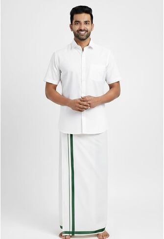 Shemass™ Men's Cotton White Dhoti with Elegant Color Border(1.8 mtrs single layer) in Saudi Arabia