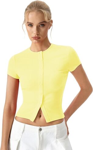QINSEN Women's Crewneck Short Sleeve T Shirts Ribbed Button Going Out Trendy Tops in Saudi Arabia