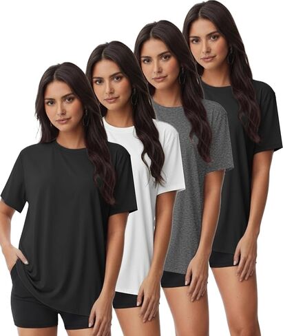 4 Pack Women Workout Gym T Shirts Tees, Basic Short Sleeve Loose Fit Crew Neck Tshirts Summer Tops in Kuwait