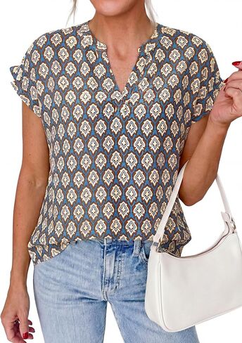 PRETTYGARDEN Womens Floral Print Short Sleeve Summer Tops 2026 Trendy V Neck Loose Boho Shirts Casual Work Blouses in Saudi Arabia