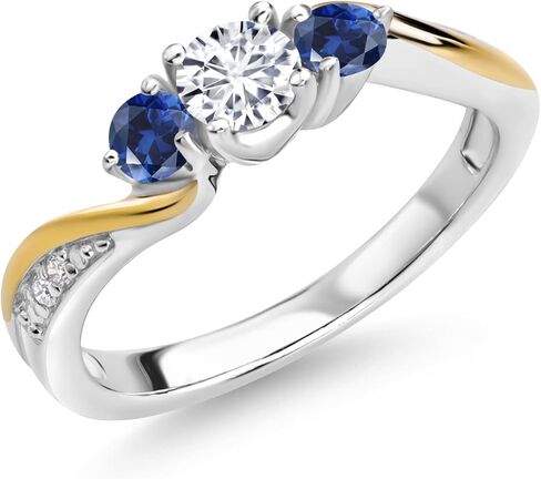 Gem Stone King White Lab Grown Diamond and Blue Created Sapphire 3-Stone Engagement Ring For Women | 925 Sterling Silver and 10K Yellow Gold | 0.58 Cttw | Wedding Engagement Anniversary Ring in Saudi Arabia